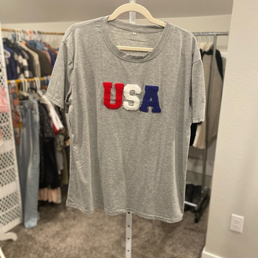Boutique USA Fuzzy Patch Embroidered Patriotic Graphic Tee